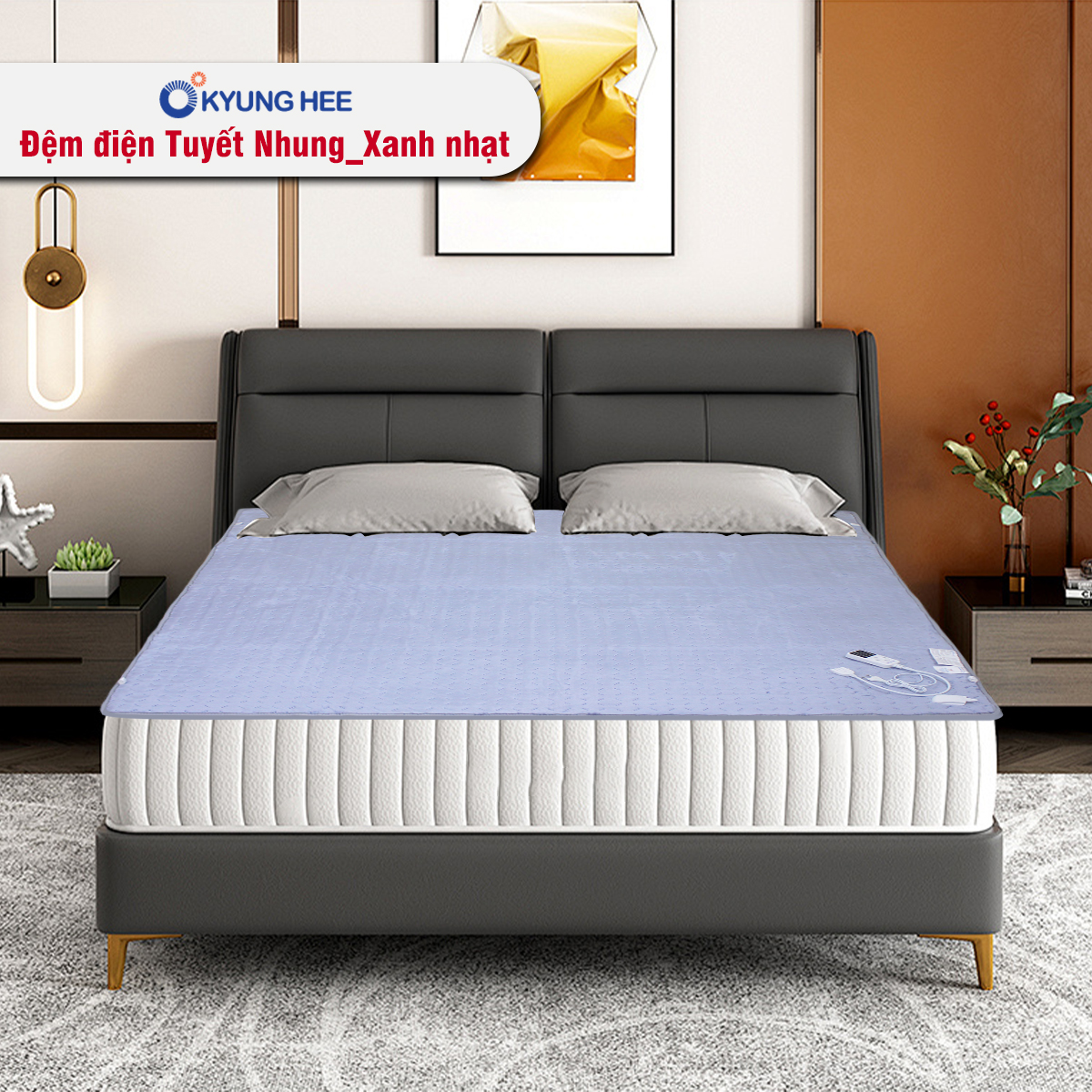 Đệm điện Kyung Hee tuyết nhung màu xanh nhạt